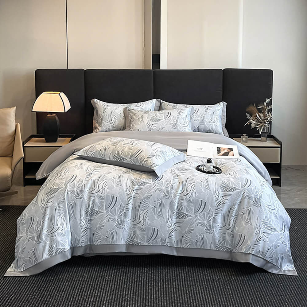 Light-Luxe Botanical Print Cooling Silky Duvet Cover Bed Sheet Set