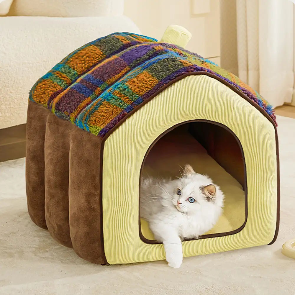 Plaid Retro Cozy Cave-Style Warm Deep Sleeping Dog & Cat Bed - Retro House
