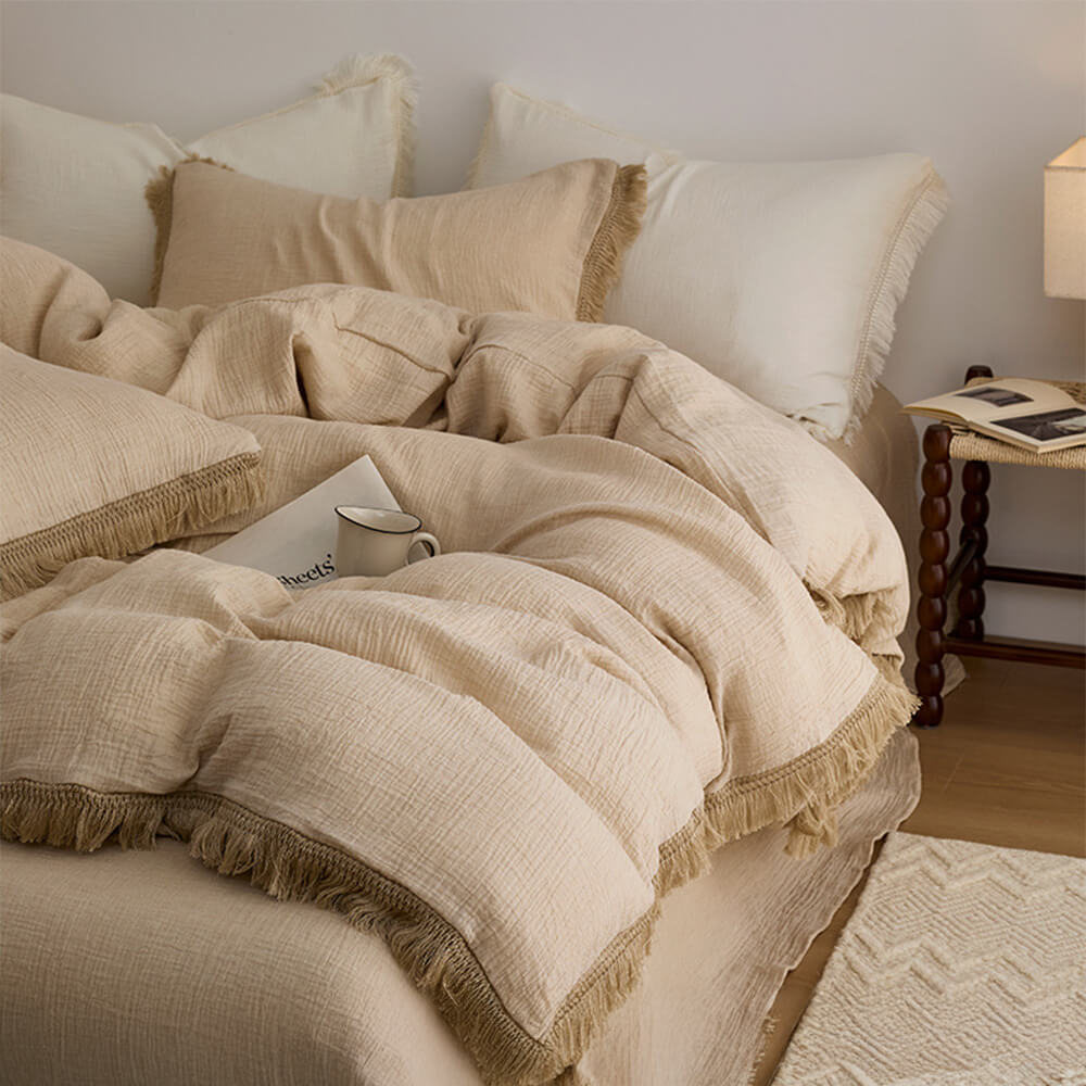 Solid Color Cotton Crinkled Gauze Duvet Cover Bed Sheet Set with Fringe Edges