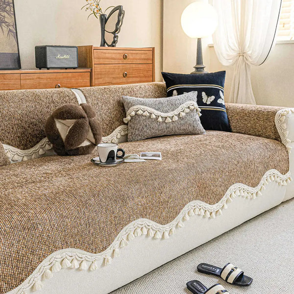 Chic Chenille Bouclé Non-Slip Couch Cover with Wavy Tassel Trim