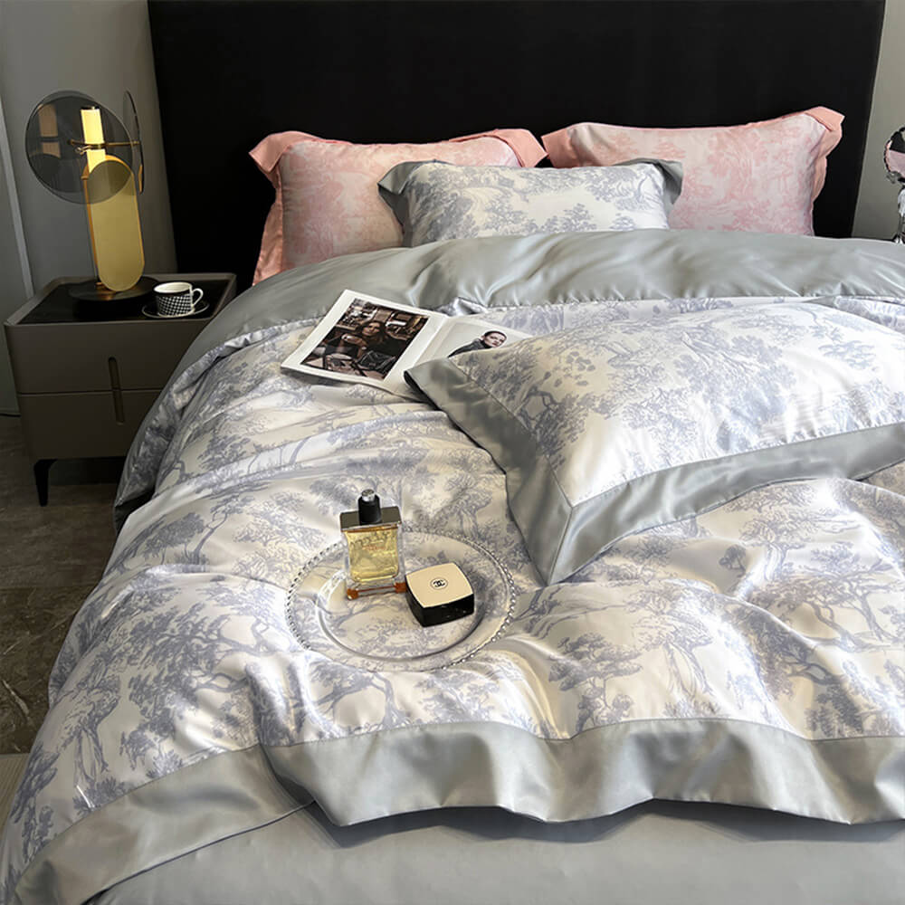 Nordic Floral Print Natural Ice Silk Washed Summer Bed Sheet Set