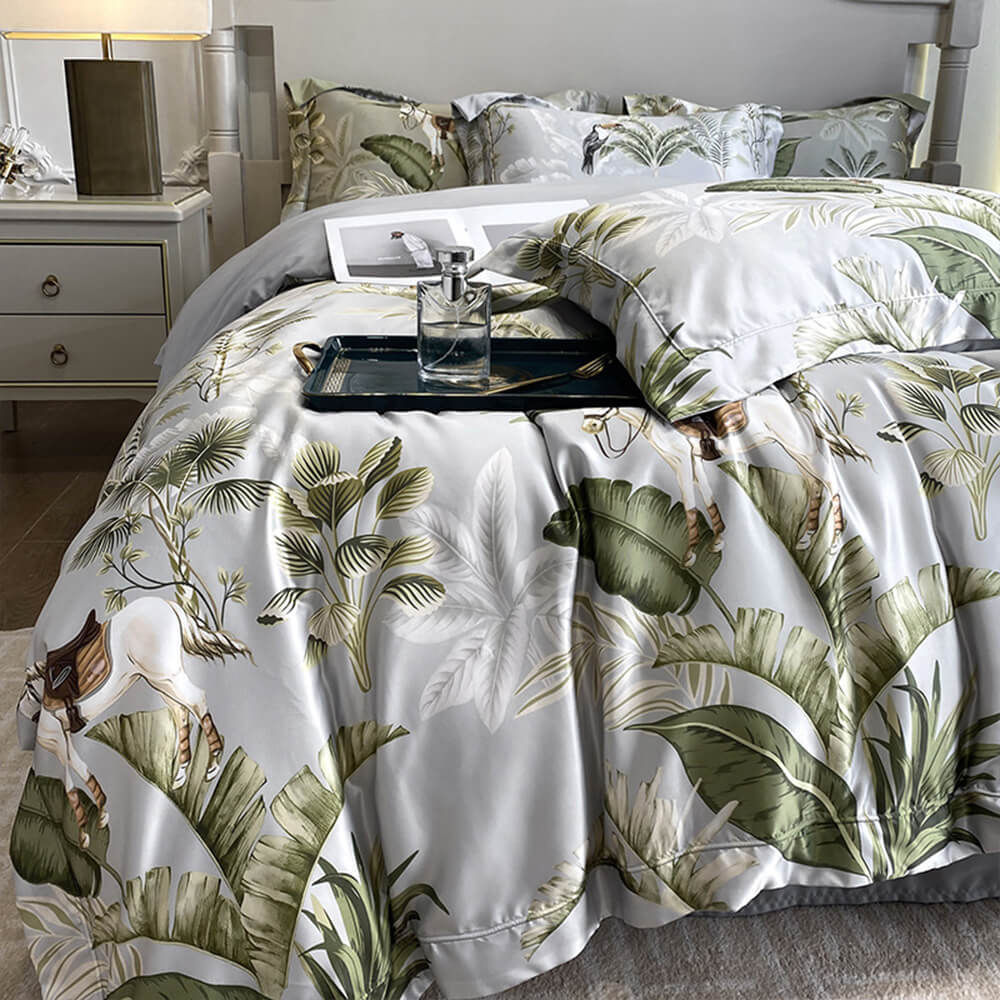 Nordic Floral Print Natural Ice Silk Washed Summer Bed Sheet Set