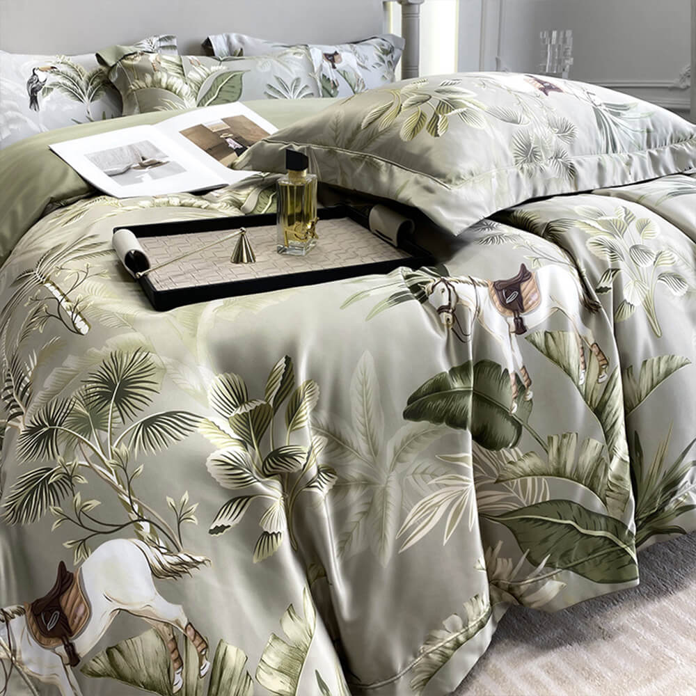 Nordic Floral Print Natural Ice Silk Washed Summer Bed Sheet Set