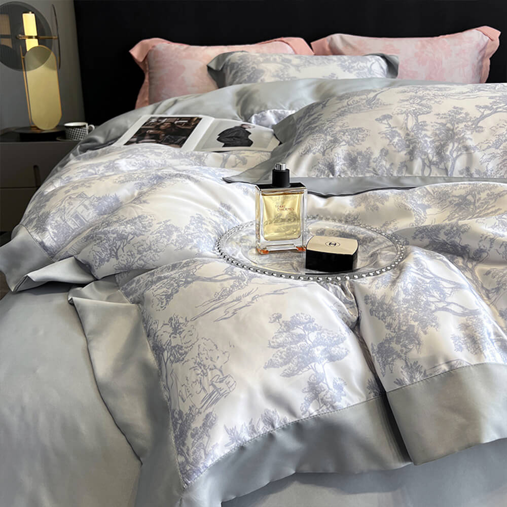 Nordic Floral Print Natural Ice Silk Washed Summer Bed Sheet Set