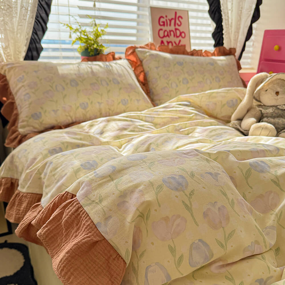 Romantic Colorblock Double Cotton Lace Bed Sheet Set