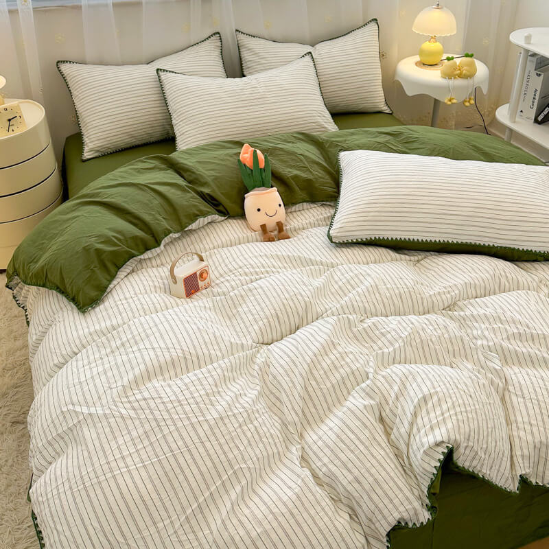 Striped Two-Tone Polyester Comfort Duvet Cover Bed Sheet Set
