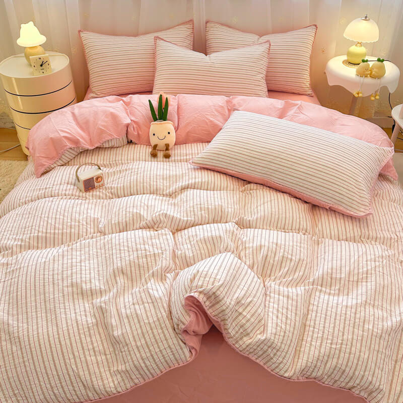Striped Two-Tone Polyester Comfort Duvet Cover Bed Sheet Set
