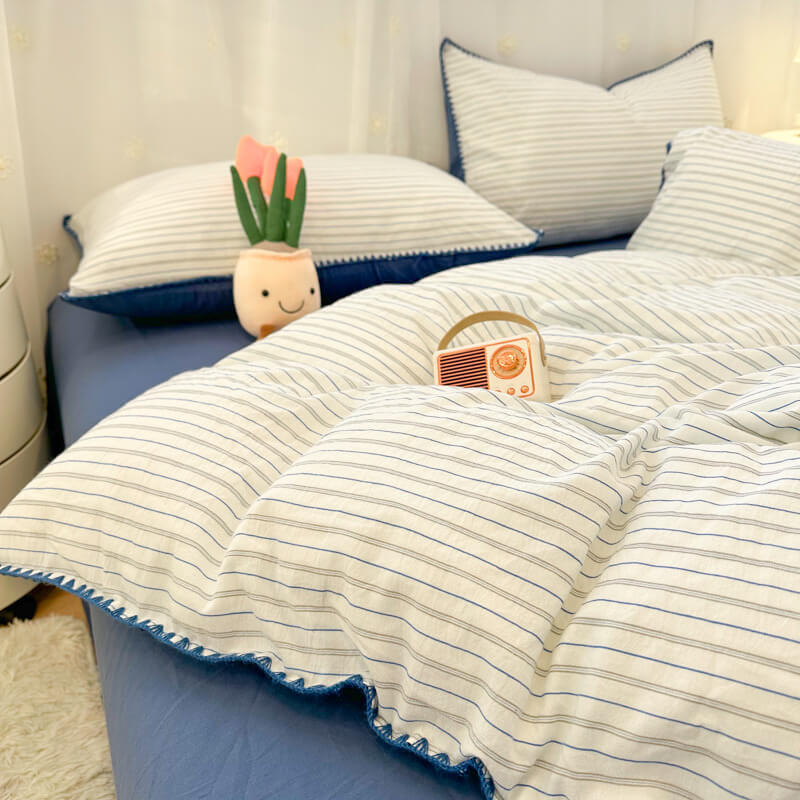 Striped Two-Tone Polyester Comfort Duvet Cover Bed Sheet Set
