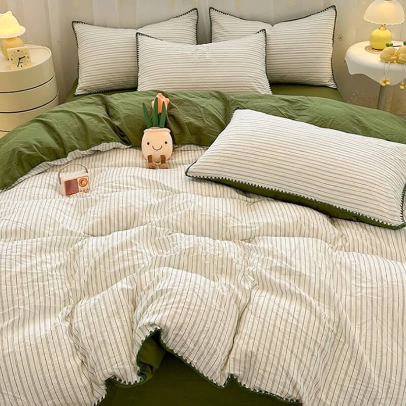 Striped Two-Tone Polyester Comfort Duvet Cover Bed Sheet Set